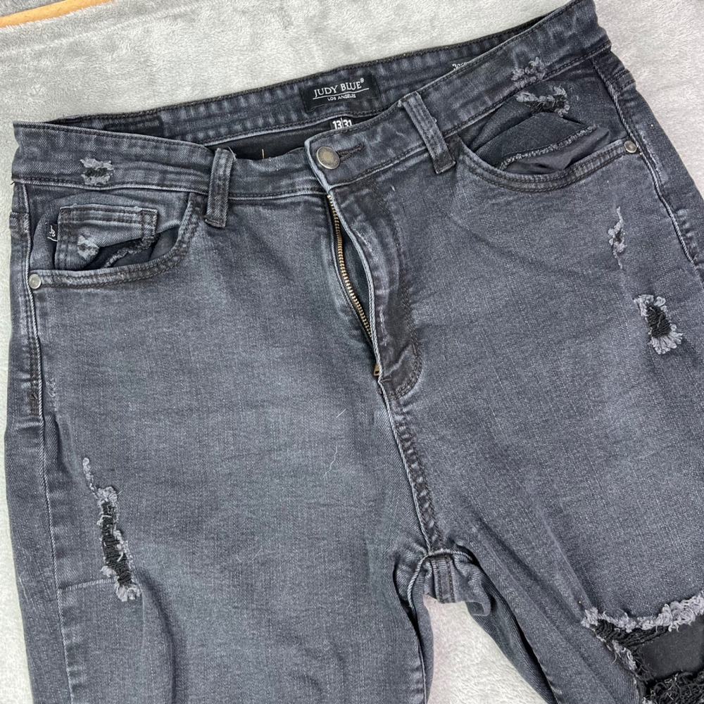 Judy Blue Boyfriend Jeans Womens 13/31 Black Solid Distressed Stretch Denim - Picture 5 of 16